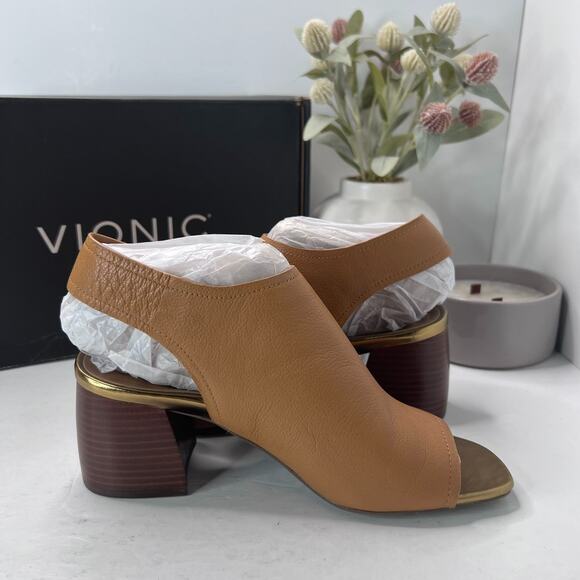 Vionic Valencia Leather Chunky Heeled Sandal Block Heel Tan Women's 7 NWB - Picture 7 of 11